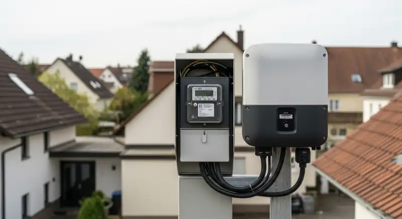 Modern German electrical meter cabinet (Zählerschrank) with smart meter and solar inverter connection, clean technical installation