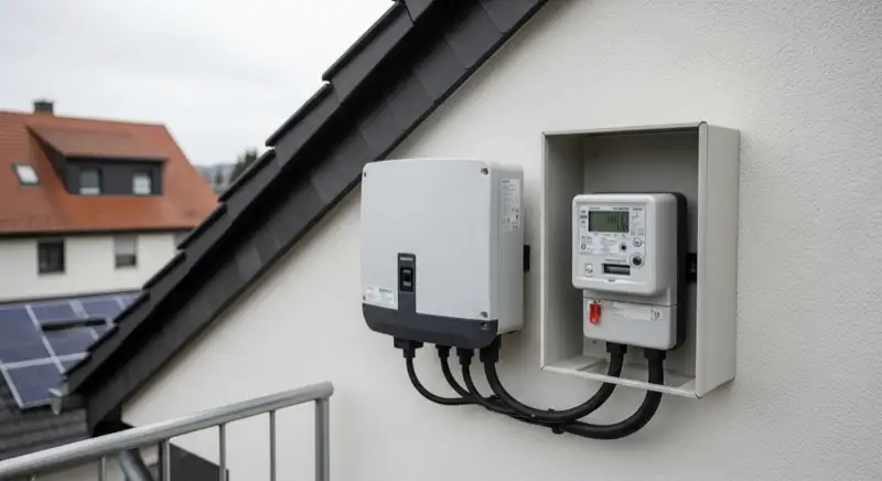 Modern German electrical meter cabinet (Zählerschrank) with smart meter and solar inverter connection, clean technical installation