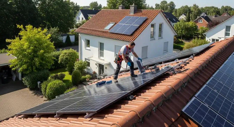 Solarinstallateur montiert PV-Module auf einem Dach in Leverkusen