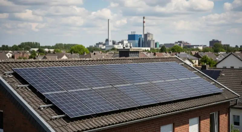 Installateur montiert PV-Module auf Einfamilienhaus-Dach in Leverkusen mit Blick auf Bayer-Werke