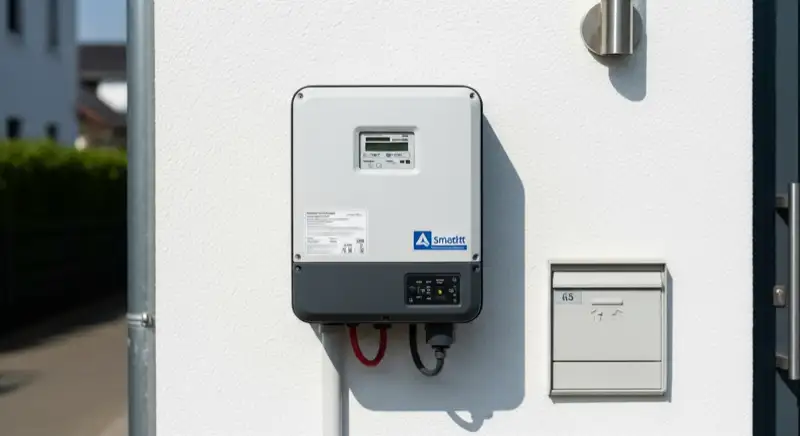 Modern German electrical meter cabinet (Zählerschrank) with smart meter and solar inverter connection, clean technical installation