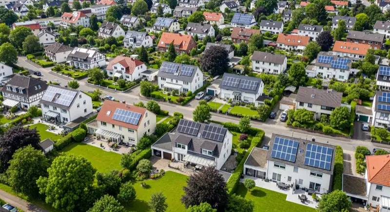 Grünes Wohnviertel in Leverkusen mit Einfamilienhäusern und Solaranlagen
