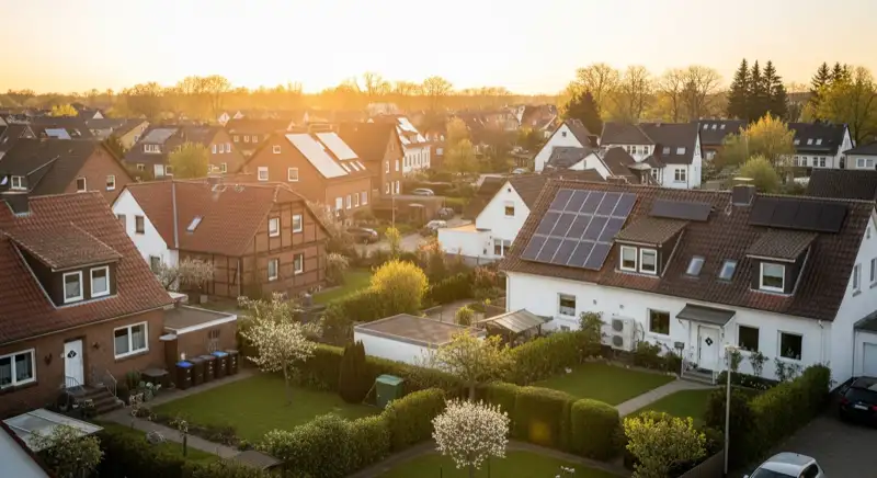 Aerial drone view of typical German residential neighborhood with mixed roof types, red and dark roof tiles, gardens visible, sunny day