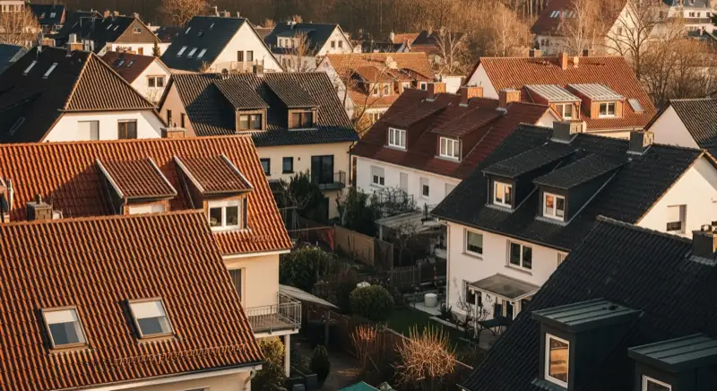 Aerial drone view of typical German residential neighborhood with mixed roof types, red and dark roof tiles, gardens visible, sunny day