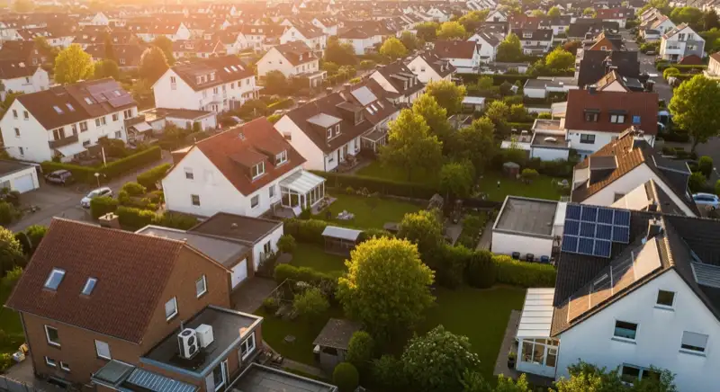 Aerial drone view of typical German residential neighborhood with mixed roof types, red and dark roof tiles, gardens visible, sunny day