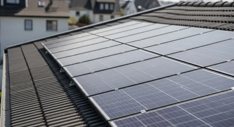 Installateur montiert PV-Module auf Wohnhaus-Dach in Ludwigshafen