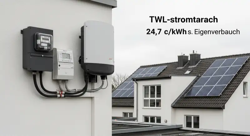 Modern German electrical meter cabinet (Zählerschrank) with smart meter and solar inverter connection, clean technical installation