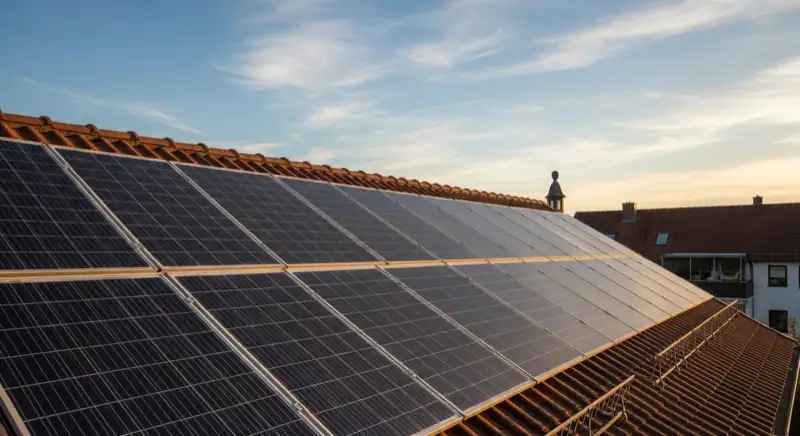 Close-up of photovoltaic solar panels installed on a traditional German Satteldach (gabled roof), blue sky with some clouds