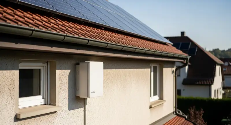 Wallbox Installation an Hauswand mit PV-Modulen auf dem Dach in Ludwigshafen