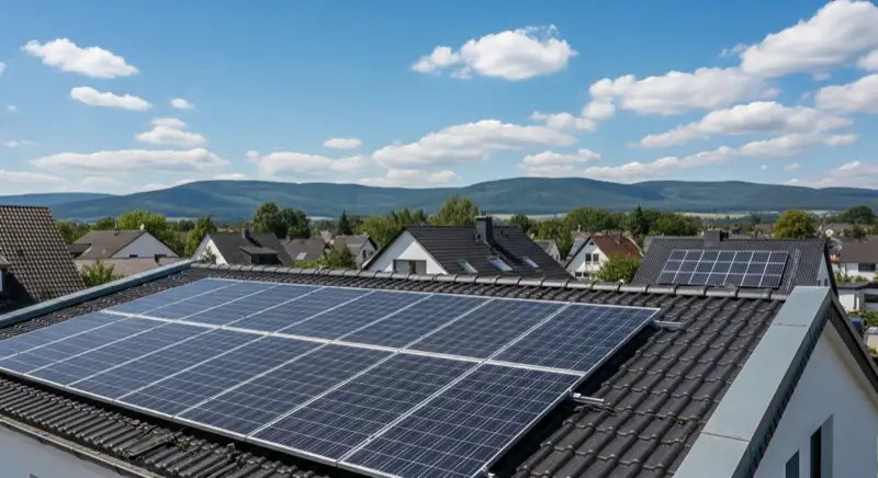 Monokristalline PV-Module auf Einfamilienhaus-Dach in Lüdenscheid mit Sauerländer Berglandschaft im Hintergrund
