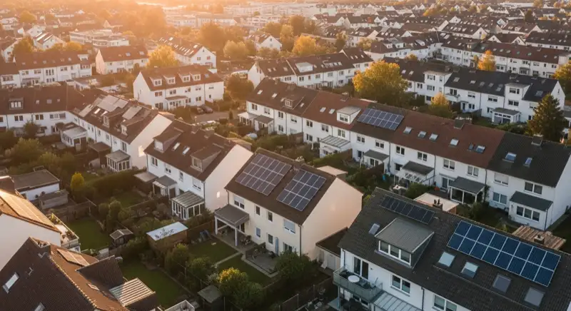 Aerial drone view of typical German residential neighborhood with mixed roof types, red and dark roof tiles, gardens visible, sunny day