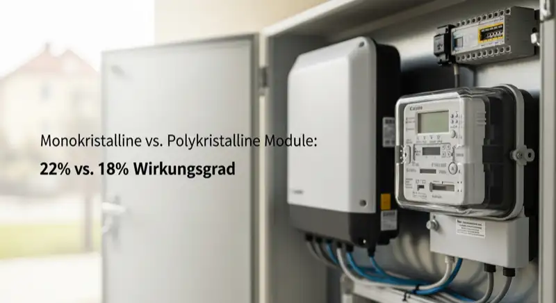 Modern German electrical meter cabinet (Zählerschrank) with smart meter and solar inverter connection, clean technical installation