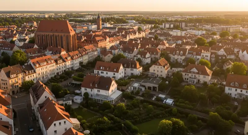 Aerial drone view of typical German residential neighborhood with mixed roof types, red and dark roof tiles, gardens visible, sunny day