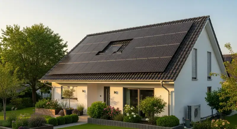 German detached house (Einfamilienhaus) with photovoltaic panels on pitched roof, well-maintained garden, warm afternoon sunlight