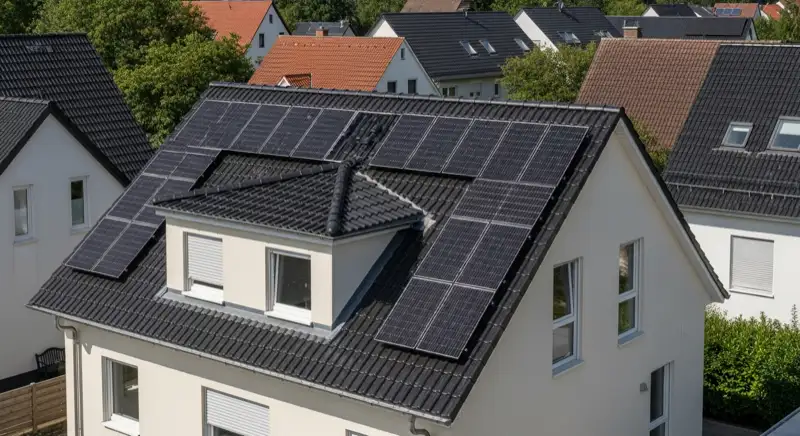 Satteldach eines Einfamilienhauses in Maintal mit installierten PV-Modulen