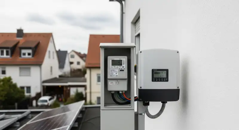 Modern German electrical meter cabinet (Zählerschrank) with smart meter and solar inverter connection, clean technical installation