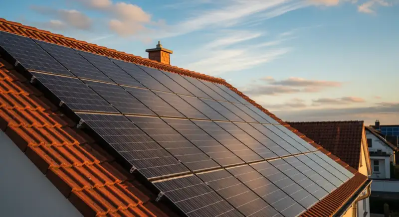 Close-up of photovoltaic solar panels installed on a traditional German Satteldach (gabled roof), blue sky with some clouds