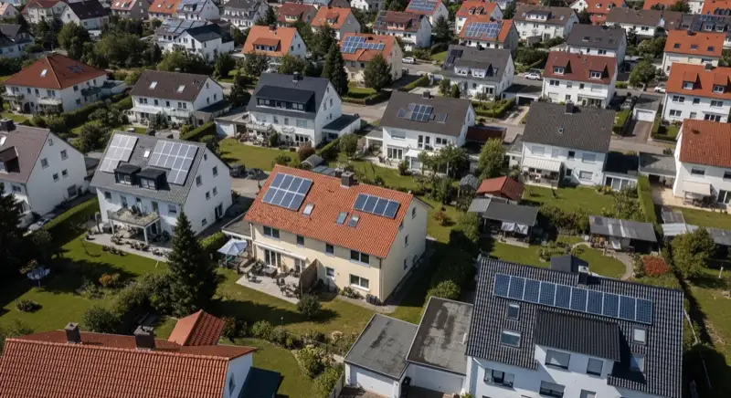 Aerial drone view of typical German residential neighborhood with mixed roof types, red and dark roof tiles, gardens visible, sunny day