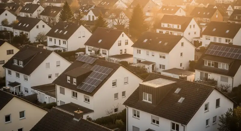 Wohngebiete in Mainz mit verschiedenen Bauformen, typische Einfamilienhäuser und Dachstrukturen aus der Luft