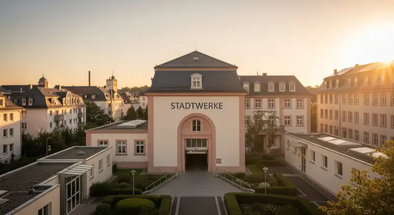 Blick auf das Stadtwerke-Gebäude in Mainz mit Service-Eingang, lokale Versorgeratmosphäre