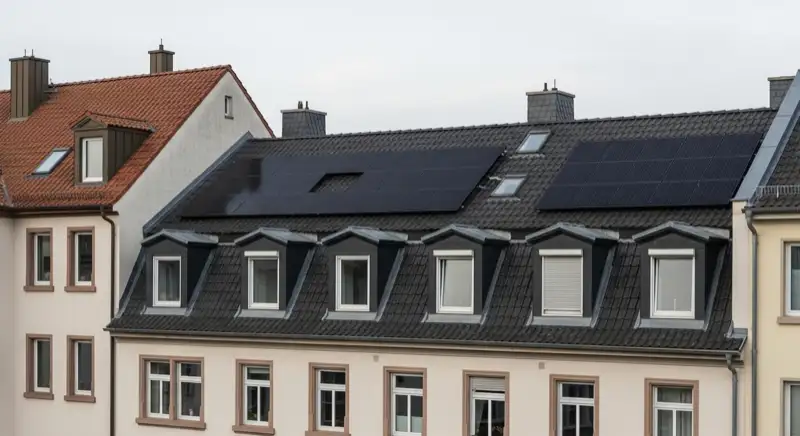 Denkmalgeschütztes Gründerzeit-Gebäude in Mannheims Quadraten mit dezent integrierten schwarzen Solarmodulen auf der Rückseite