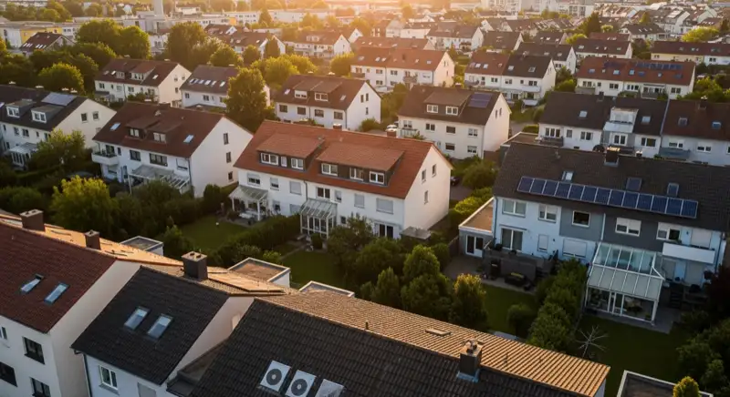 Aerial drone view of typical German residential neighborhood with mixed roof types, red and dark roof tiles, gardens visible, sunny day
