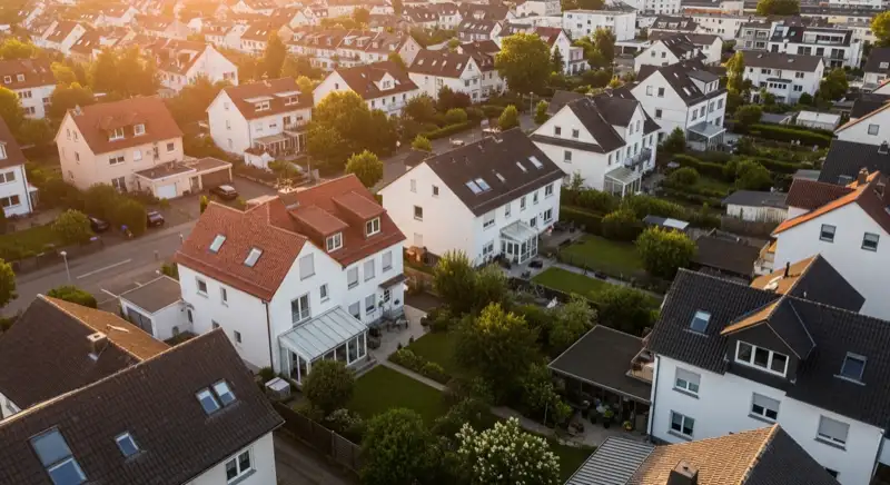 Aerial drone view of typical German residential neighborhood with mixed roof types, red and dark roof tiles, gardens visible, sunny day
