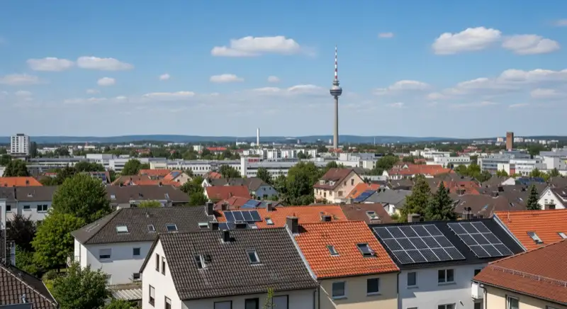 Aerial drone view of typical German residential neighborhood with mixed roof types, red and dark roof tiles, gardens visible, sunny day