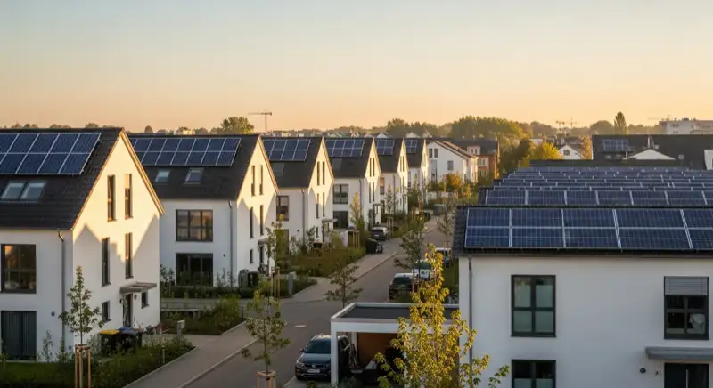 Moderne Solardächer in Mannheimer Neubaugebiet mit PV-Anlagen auf Einfamilienhäusern