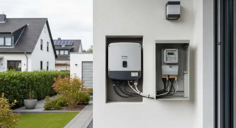 Modern German electrical meter cabinet (Zählerschrank) with smart meter and solar inverter connection, clean technical installation