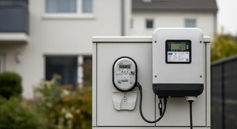 Modern German electrical meter cabinet (Zählerschrank) with smart meter and solar inverter connection, clean technical installation