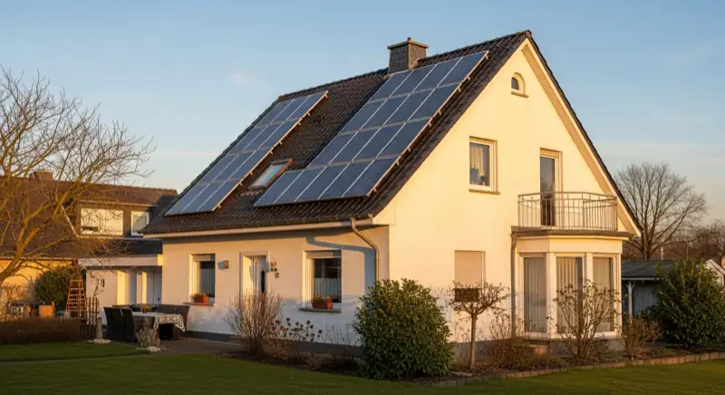 Einfamilienhaus mit Photovoltaikanlage auf 42° geneigtem Satteldach in Melle