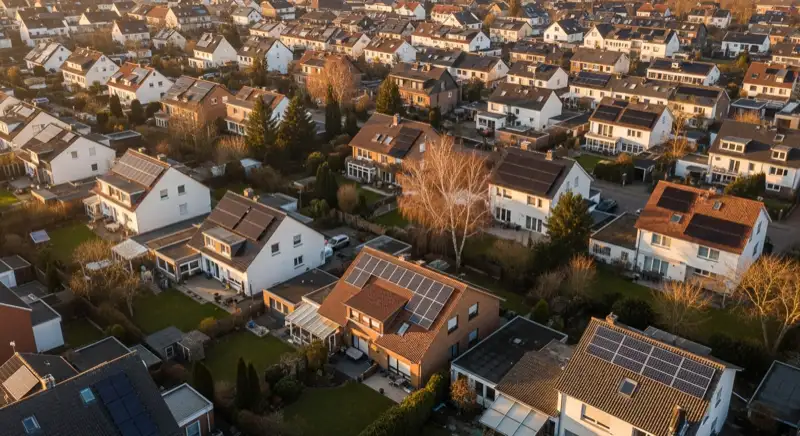 Aerial drone view of typical German residential neighborhood with mixed roof types, red and dark roof tiles, gardens visible, sunny day