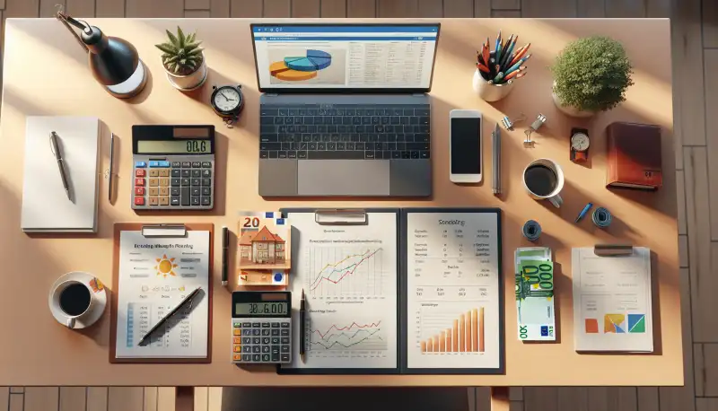 Taschenrechner, Euro-Scheine und PV-Broschüre auf einem Schreibtisch, symbolisch für PV Wirtschaftlichkeit