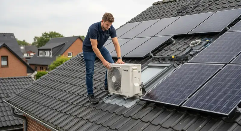 Installateur montiert PV-Module auf Einfamilienhaus-Dach in Moers