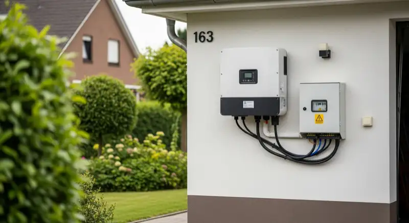 Modern solar inverter mounted on garage wall next to electrical panel, clean professional installation, natural daylight