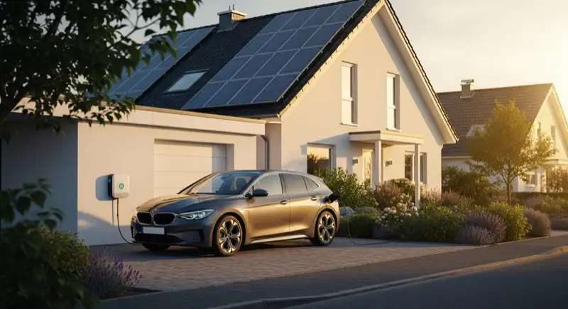 E-Auto lädt an Wallbox vor Einfamilienhaus mit Solaranlage auf dem Dach in Mülheim an der Ruhr