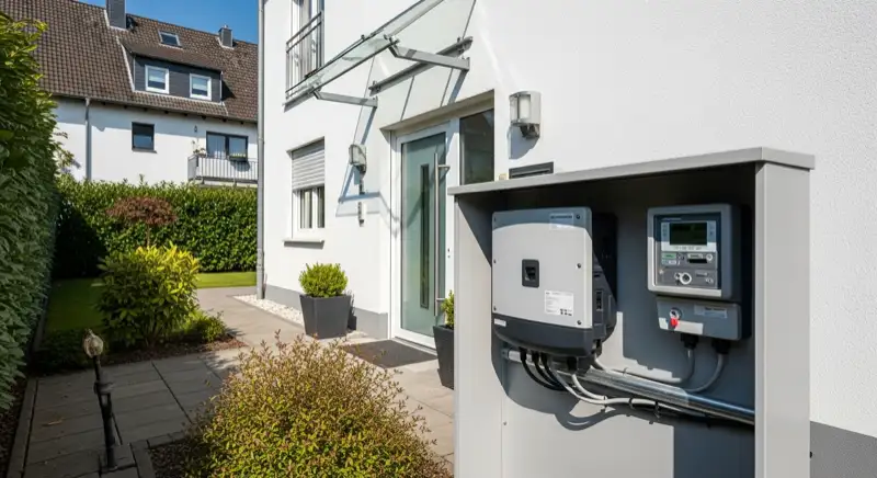 Modern German electrical meter cabinet (Zählerschrank) with smart meter and solar inverter connection, clean technical installation