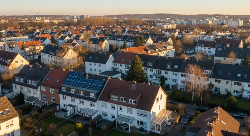 Aerial drone view of typical German residential neighborhood with mixed roof types, red and dark roof tiles, gardens visible, sunny day
