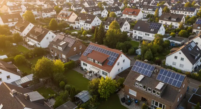 Aerial drone view of typical German residential neighborhood with mixed roof types, red and dark roof tiles, gardens visible, sunny day