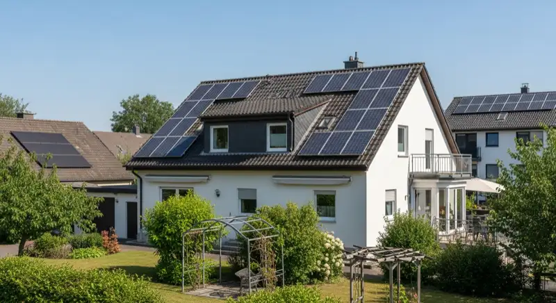 Typisches Einfamilienhaus mit PV-Anlage in Mülheimer Wohngebiet