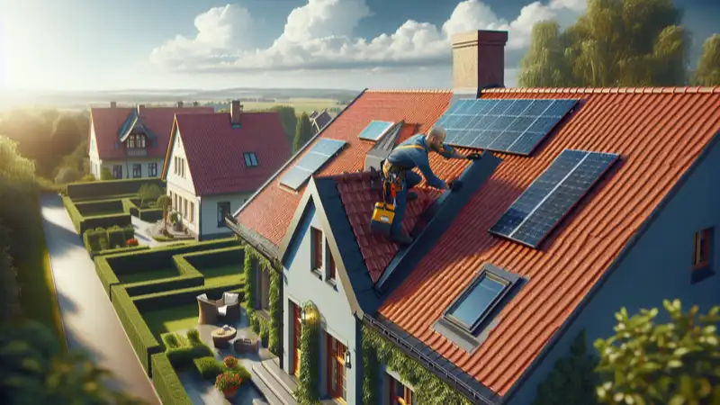 Solarinstallateur montiert PV-Module auf einem Villen-Dach in Mülheim an der Ruhr