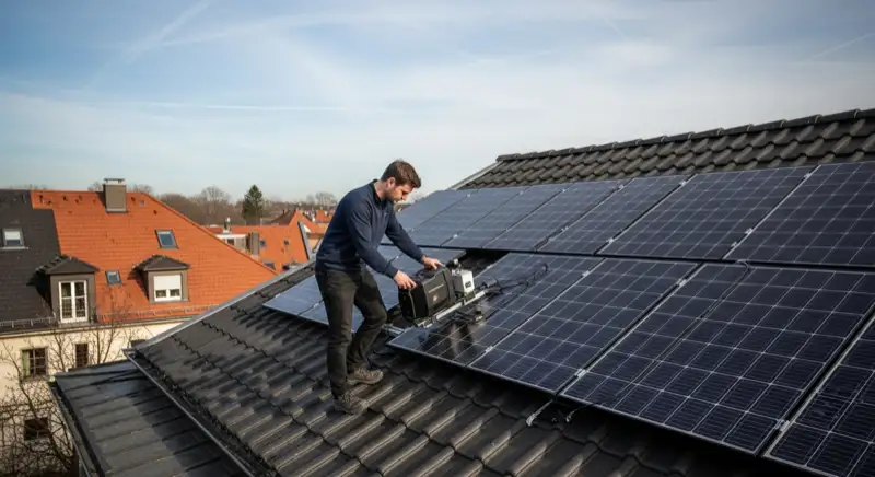 Solarinstallateur montiert Photovoltaikmodule auf Münchner Ziegeldach