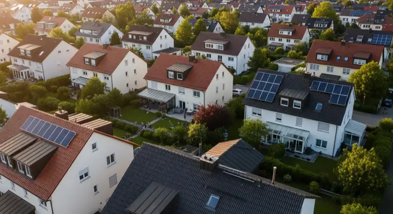 Aerial drone view of typical German residential neighborhood with mixed roof types, red and dark roof tiles, gardens visible, sunny day