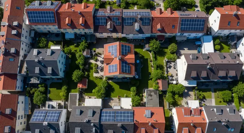 Aerial drone view of typical German residential neighborhood with mixed roof types, red and dark roof tiles, gardens visible, sunny day