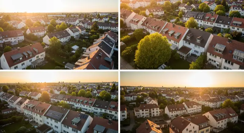 Aerial drone view of typical German residential neighborhood with mixed roof types, red and dark roof tiles, gardens visible, sunny day