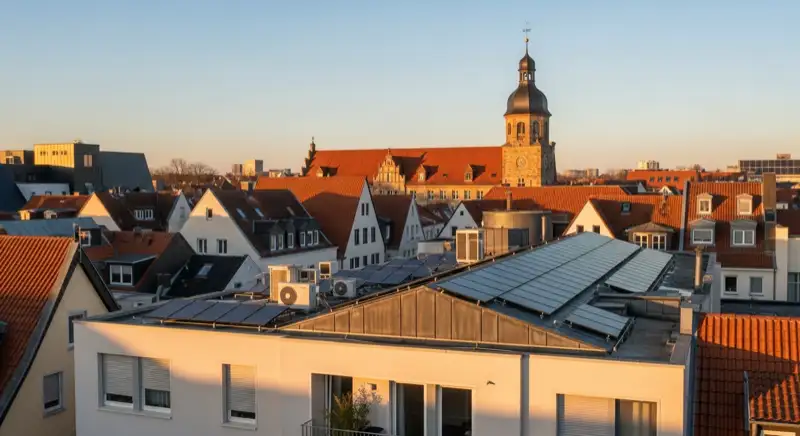 Nahaufnahme moderner Solarmodule auf einem Dach in Münster