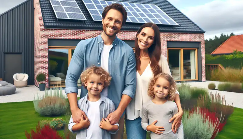 Familie vor ihrem Haus mit PV Anlage in Münster
