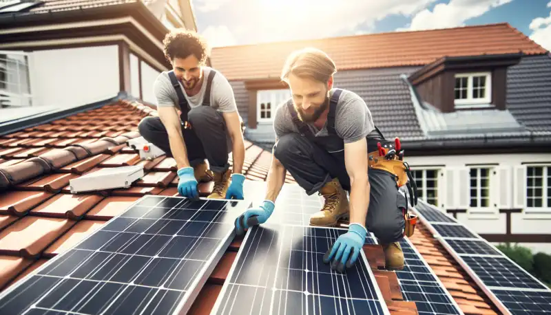 Solarinstallateure bei der Montage einer PV Anlage auf einem Dach in Münster