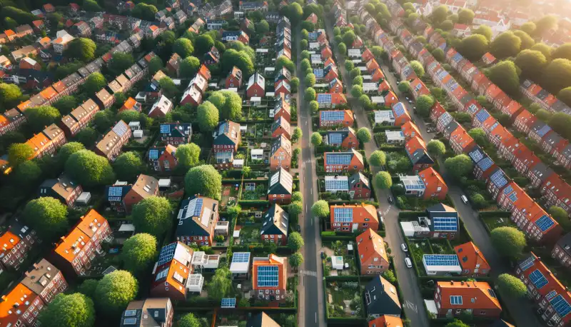 Luftaufnahme einer Münsteraner Wohnsiedlung mit PV Anlagen auf den Dächern
